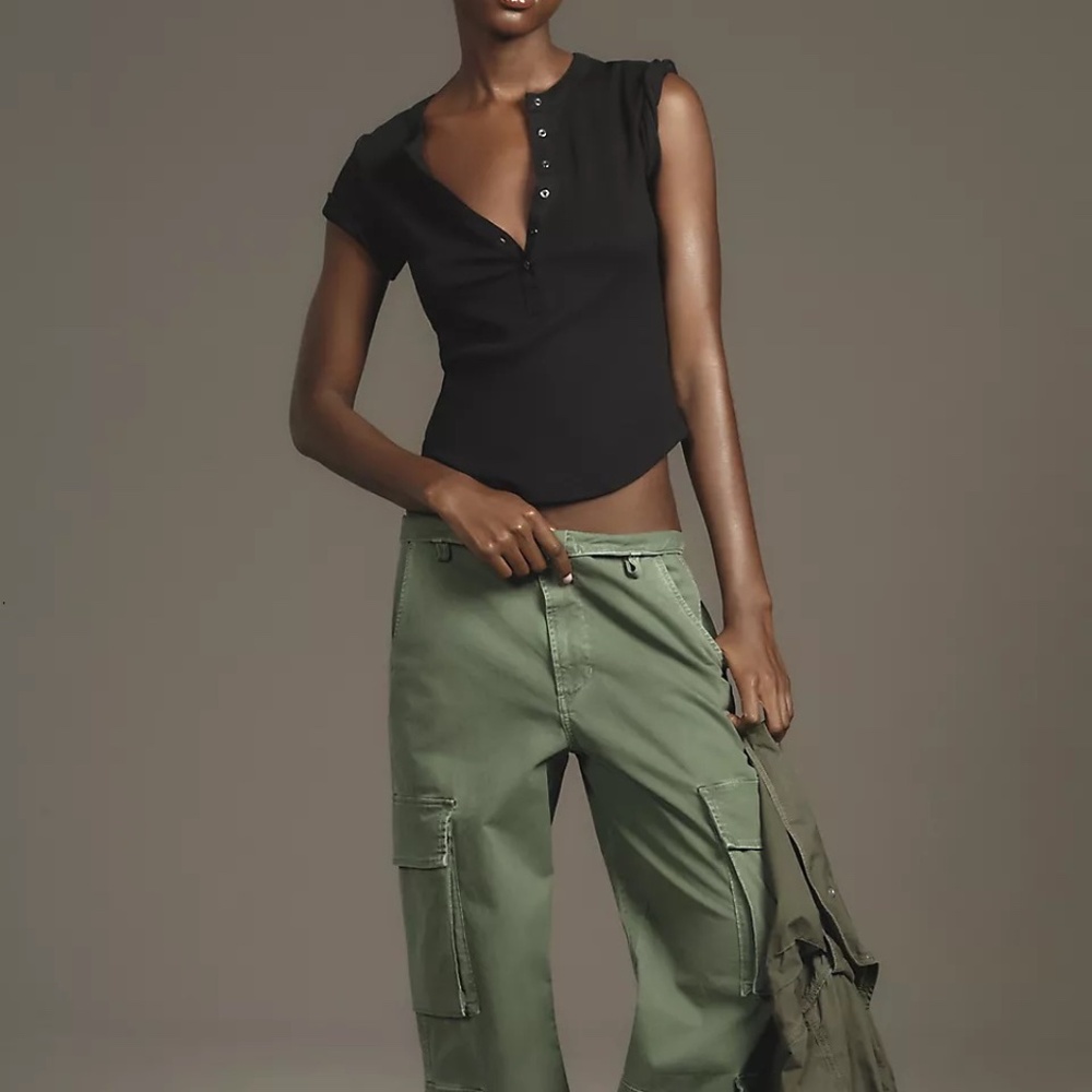 Anthropologie Black Short-Sleeve Henley Crop Top